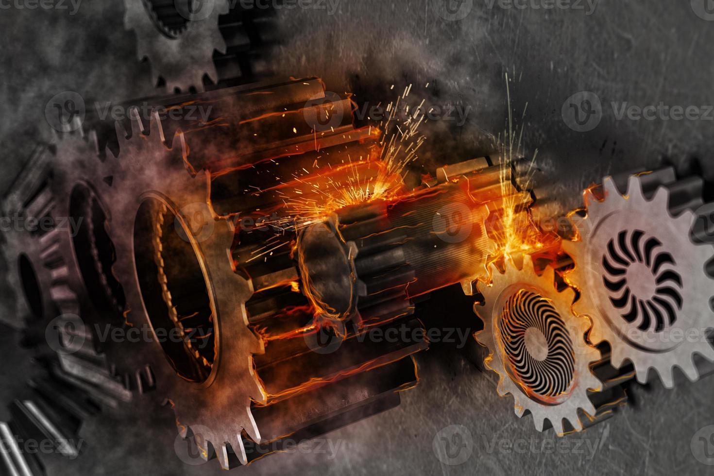 Gears mechanism system problem. 3D Rendering photo