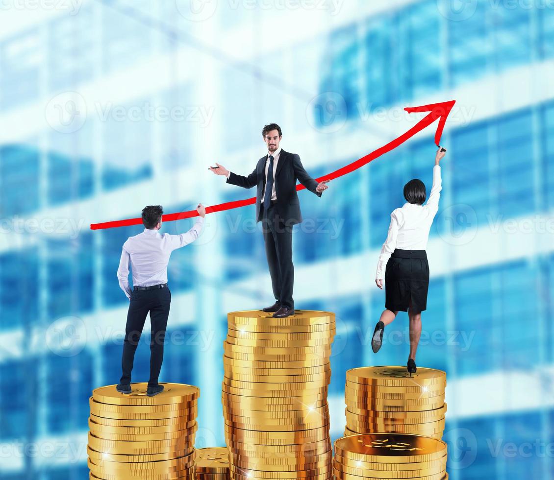 Business team draws growing arrow of company statistics over the piles of money photo
