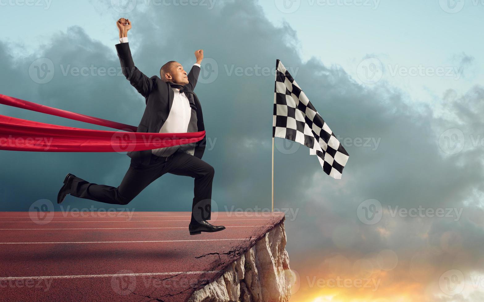 Businessman thinks she has won but there is a precipe after the finishline photo