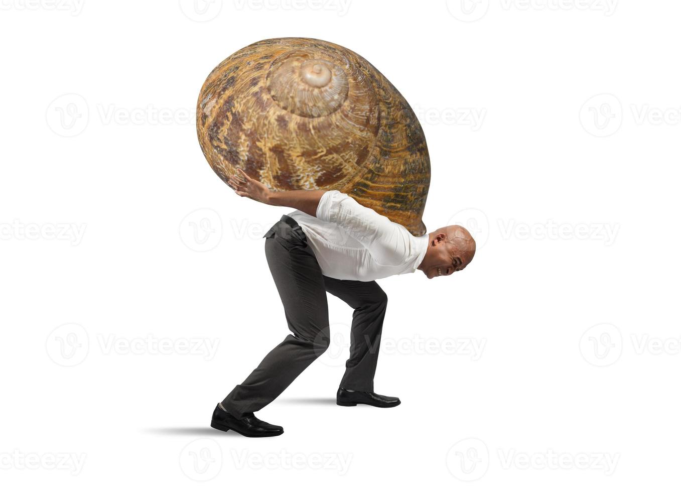 Tired businessman acts like a slow snail photo