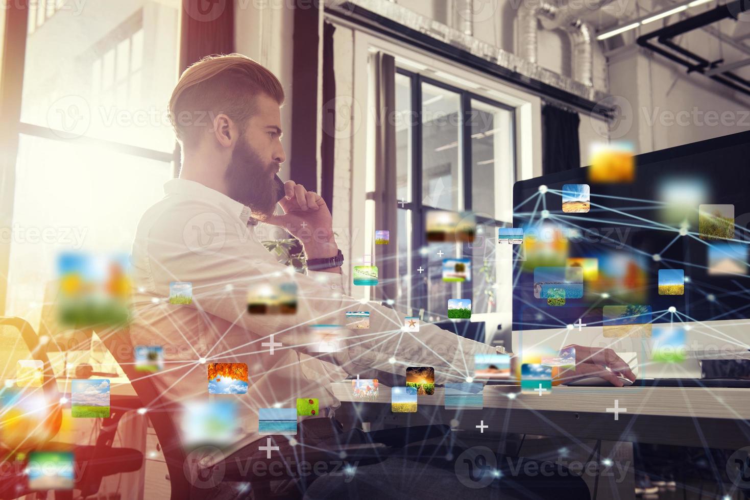 Businessman in office connected on internet network. concept of startup company photo
