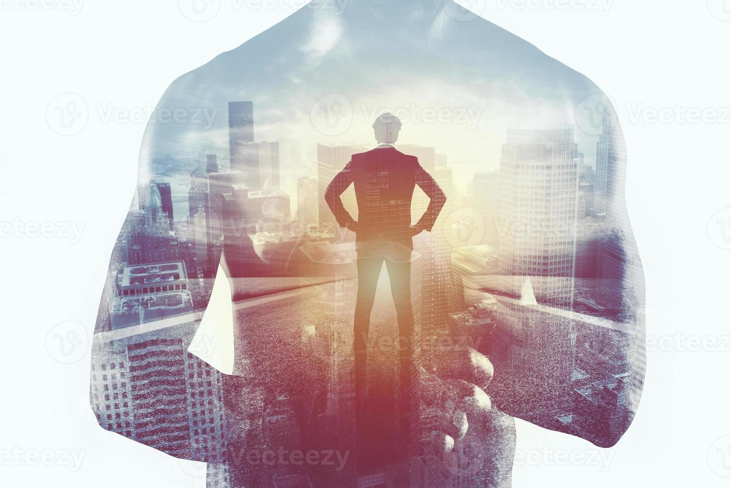 Power and determination of a fighter businessman. Double exposure photo