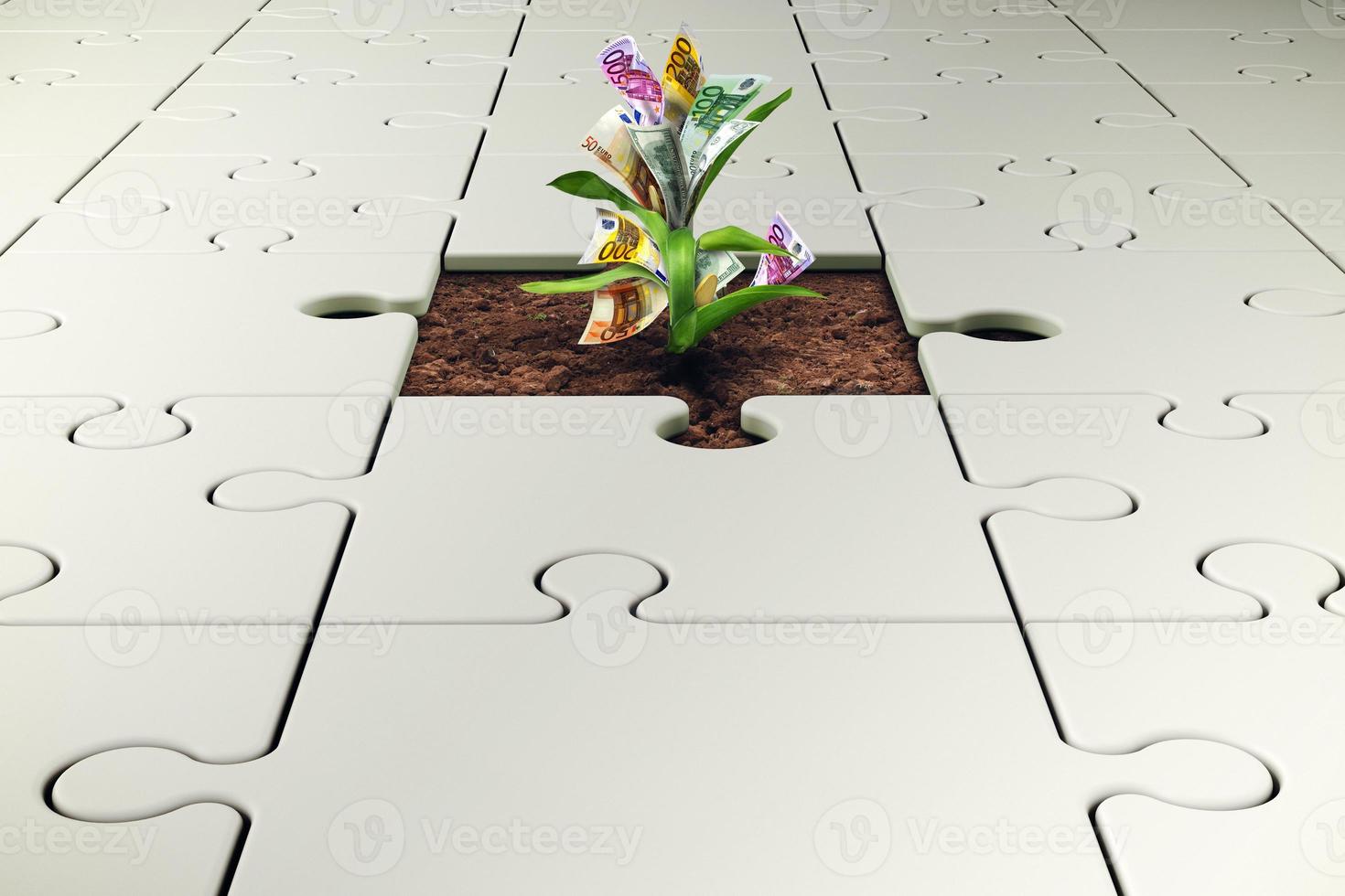 Plant with money grows from a missing piece of puzzle photo