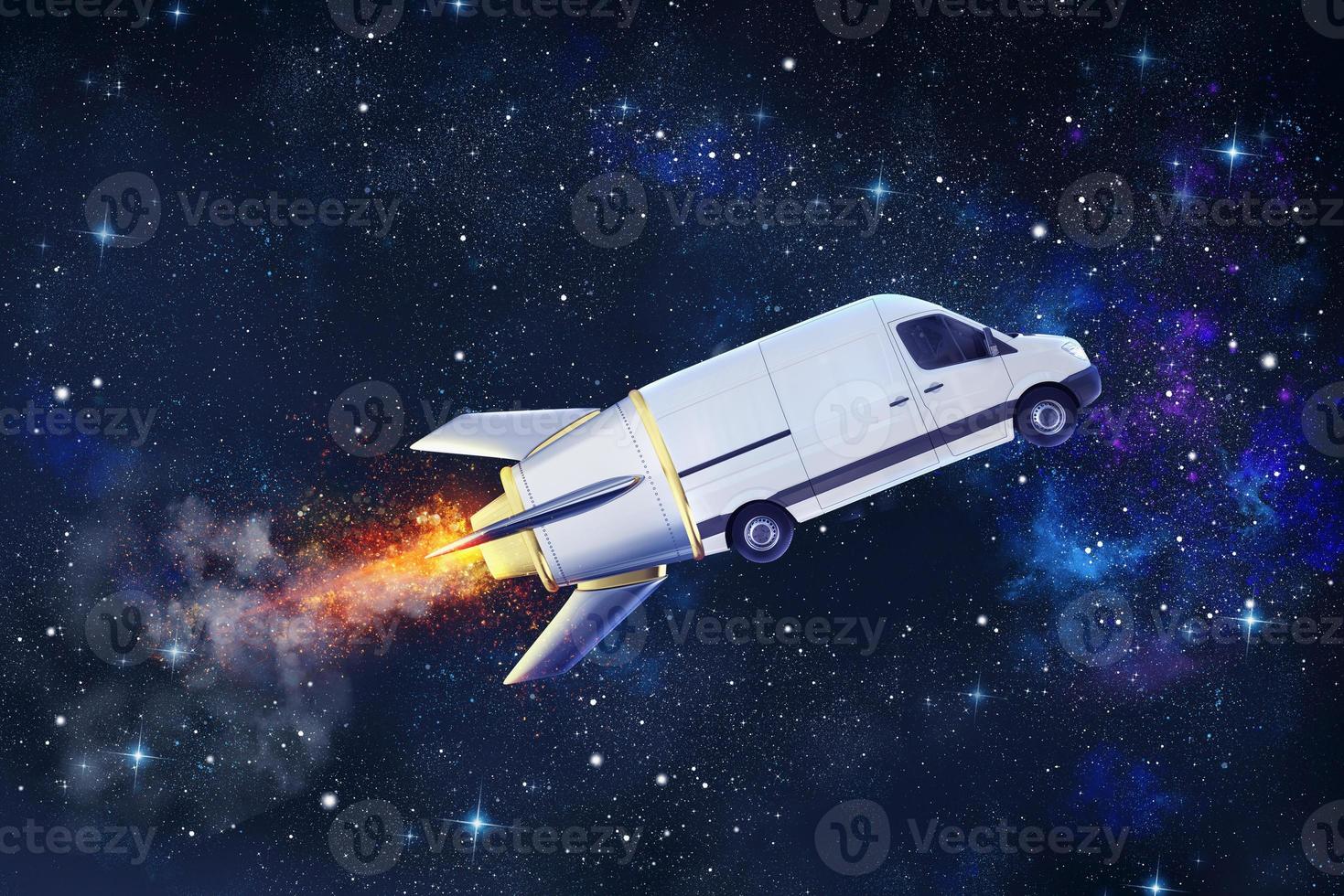 Super fast delivery of package service with flying van like a rocket photo