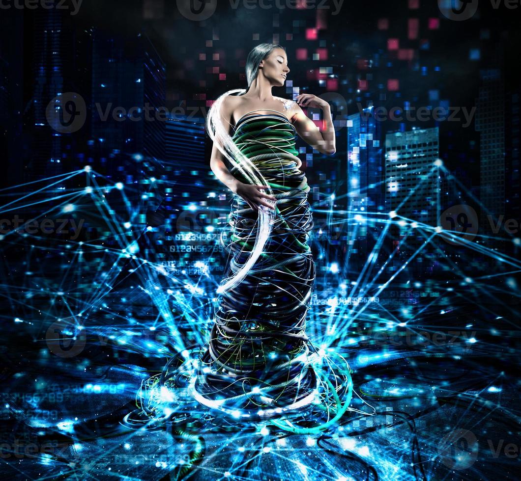 Concept of internet connection and technology with a woman surrounded by cables photo