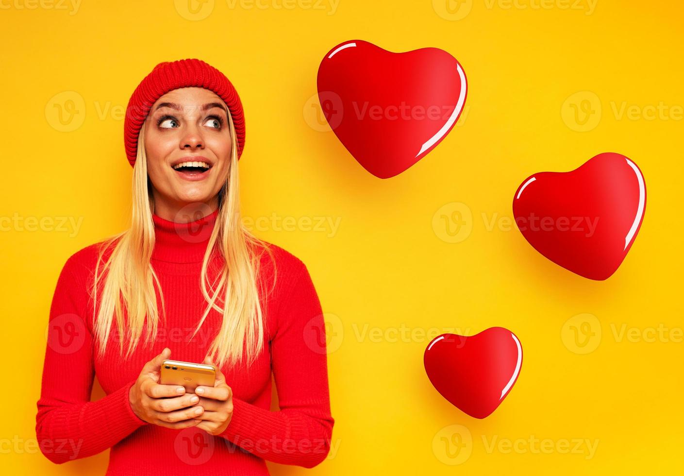 Blonde young girl chats with people. Concept of relationship, meeting on social network photo