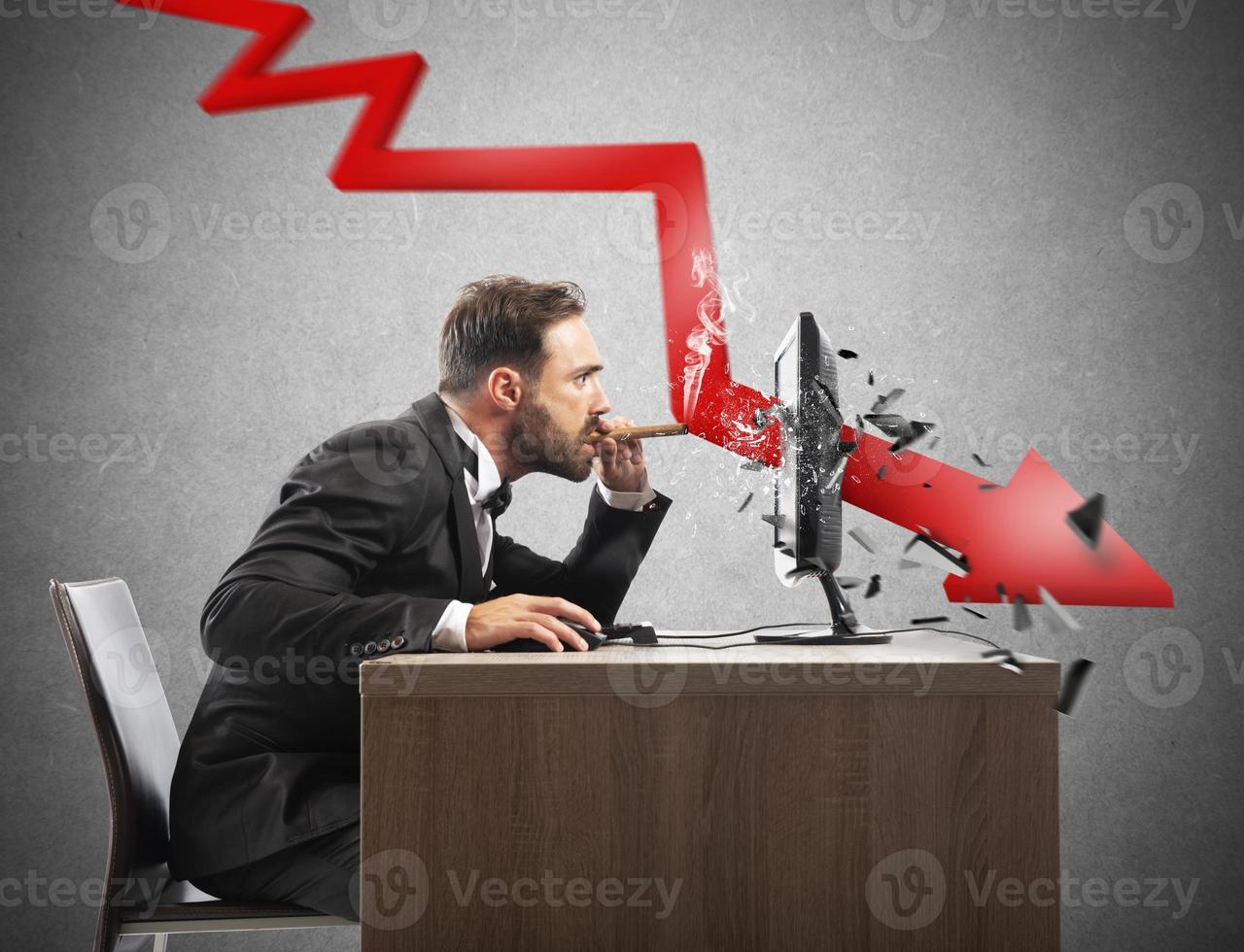 Businessman look the negative report of his company. A red arrow breaks the screen photo