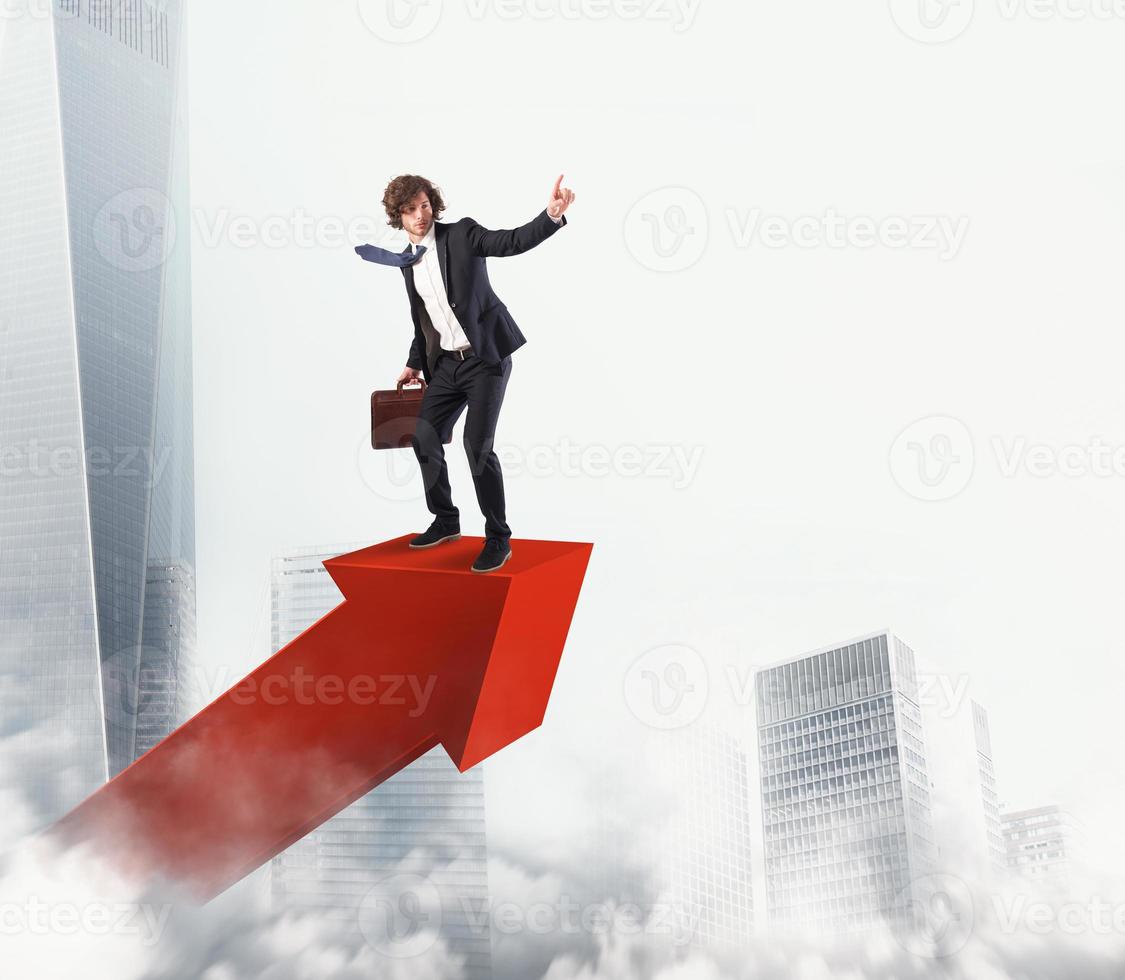 Businessman rides a statistic arrow to the sky. 3D Rendering photo