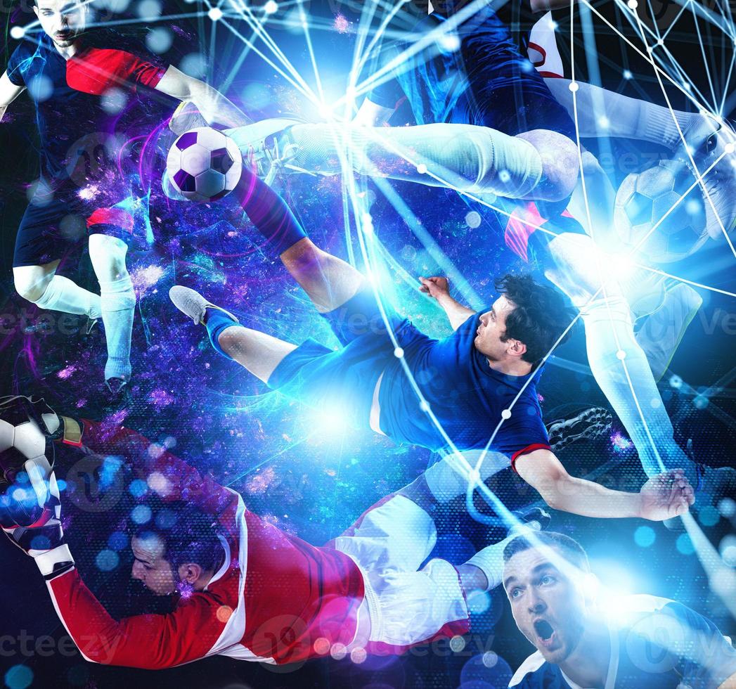 Football scene with soccer player in front of a futuristic digital background photo