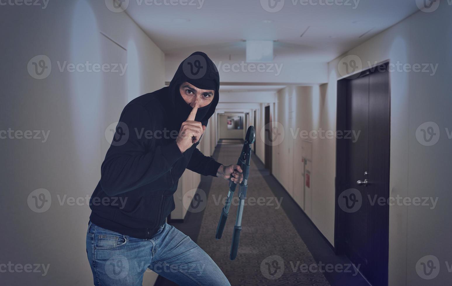 Thief with balaclava acts in silence to steal apartments with wire cutters in hand photo