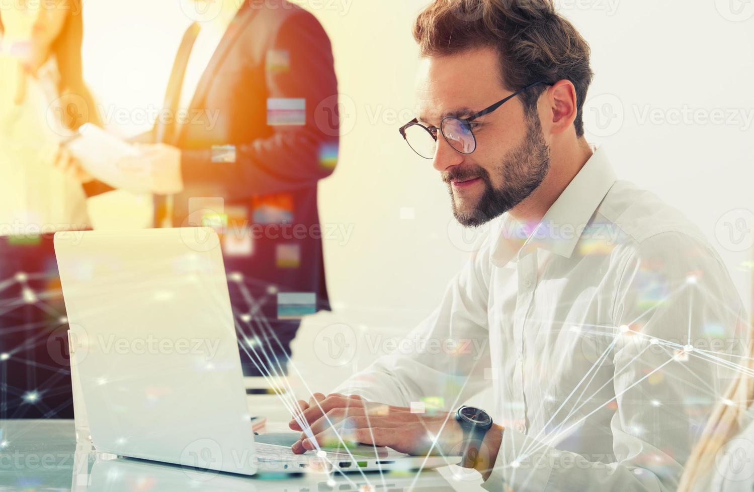 Businessman in office connected on internet network. concept of startup company photo