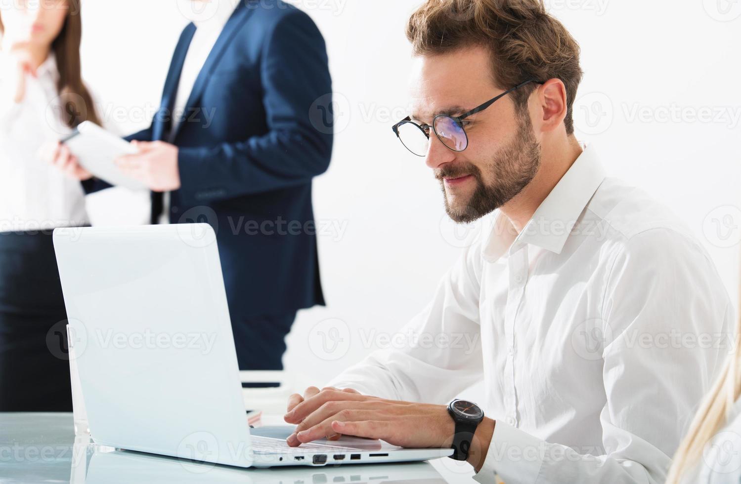 Businessman in office connected on internet network. concept of startup company photo