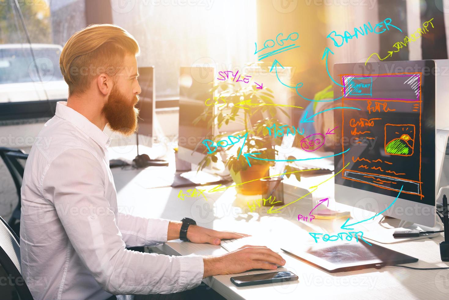 Businessman in office develops a new website layout photo