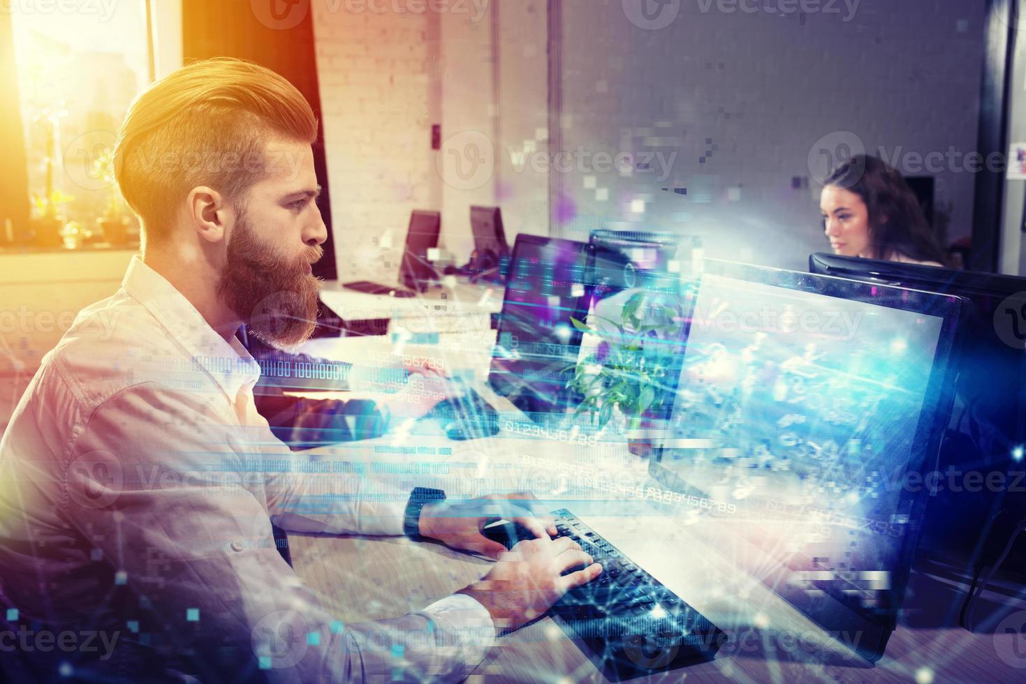 Businessperson in office connected on internet network. concept of partnership and teamwork photo