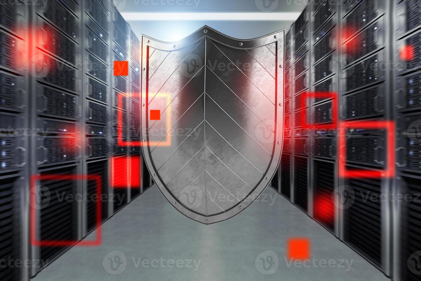 Concept of safety in a data center room with database server. 3D illustration photo