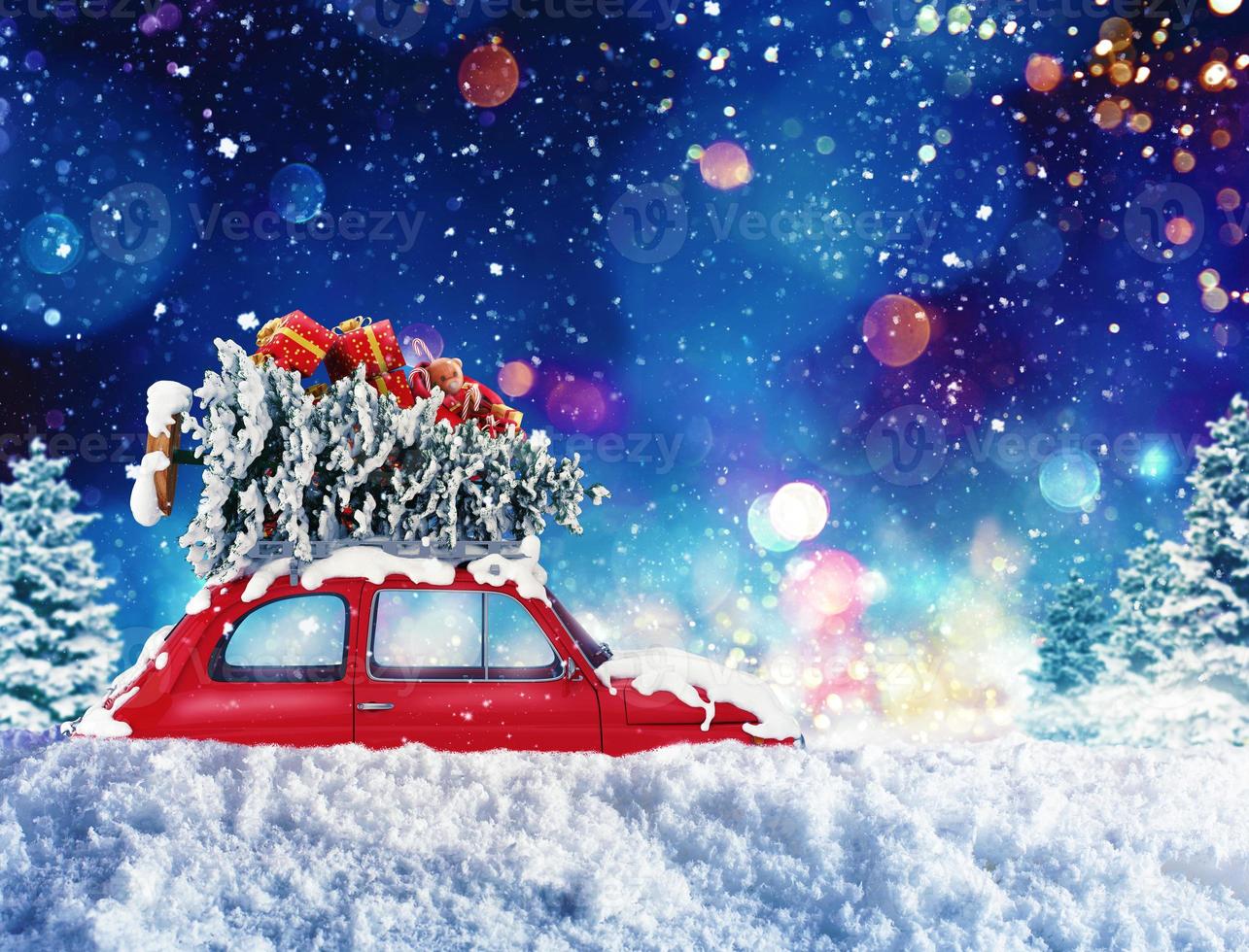 Vintage car with Christmas tree and presents with night light. 3d rendering photo