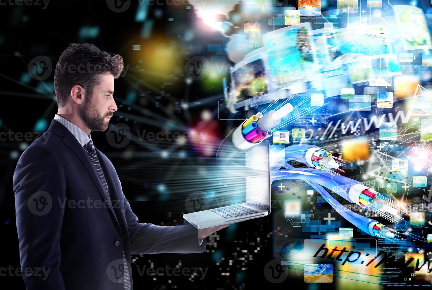 Connected businessman with optical fiber. concept of fast internet sharing photo