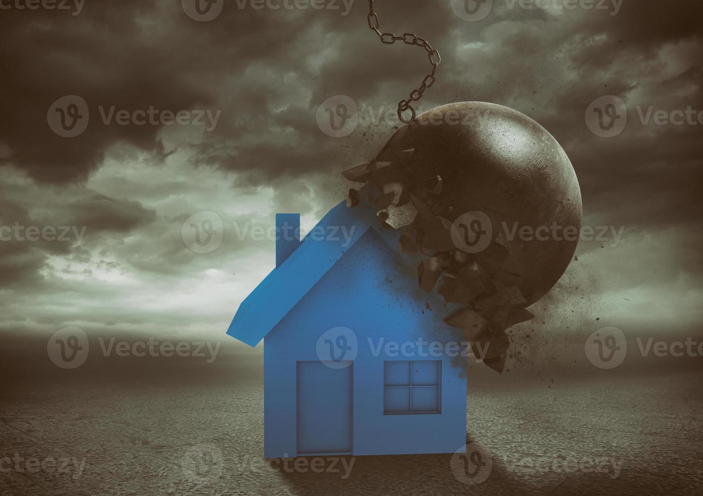 House resists the impact with a demolition ball. Concept of strength and indestructibility photo