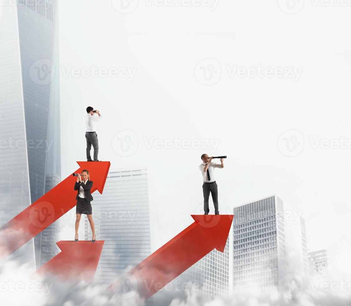 Business men on arrows statistics looking for business. 3D Rendering photo