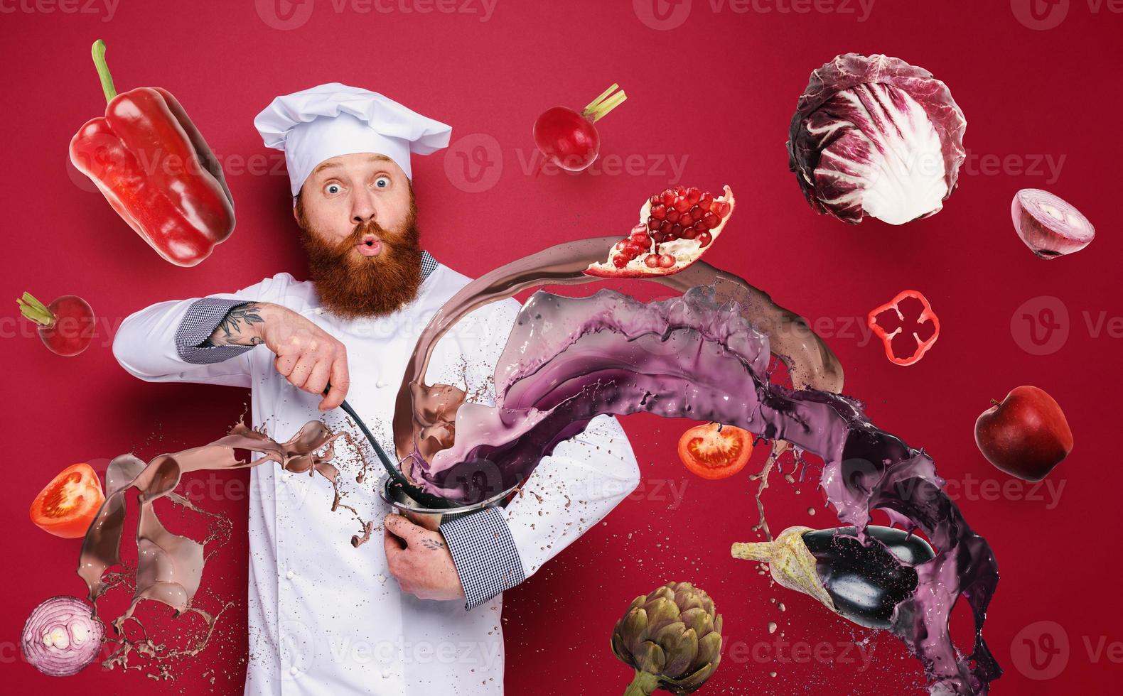 Chef is surprised about a new recipe. burgundy background photo