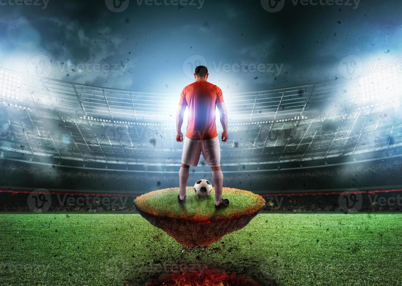 Football player on a fiery field ready to kick the ball photo