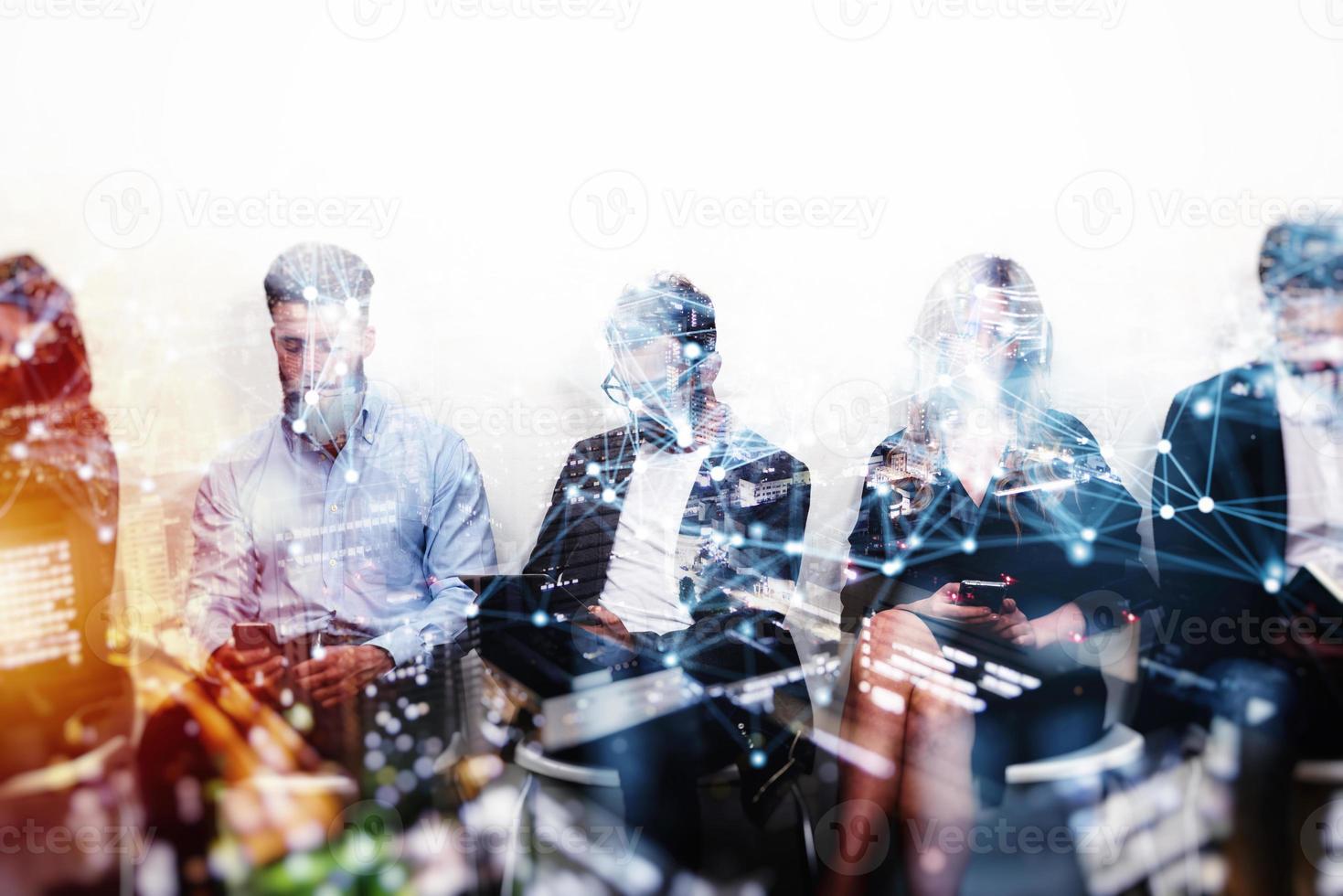 Young boys sitting on chairs connected with the rest of the world. Double exposure and network effects photo