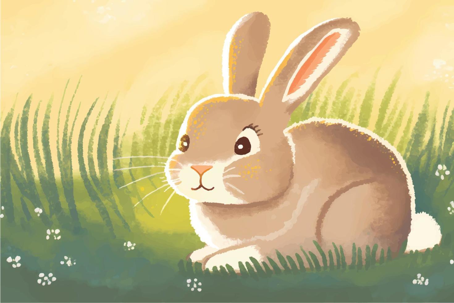 Hop into Fun with this Adorable Vector Rabbit Illustration. Surrounded by Lush Greenery, Trees, and Blooming Flowers, Perfect for Children's Books, Nature Themed Designs, and Springtime Projects