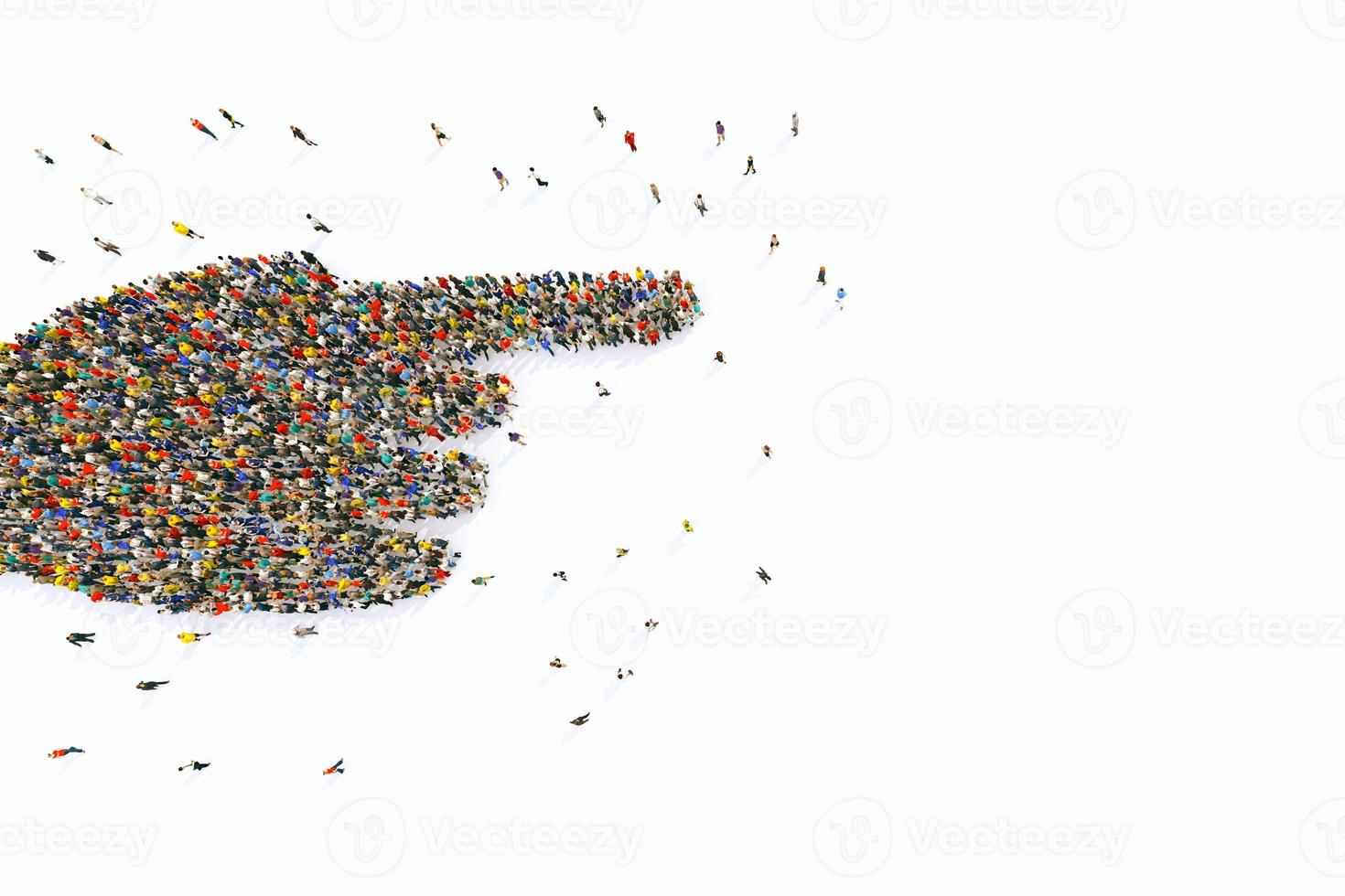 Crowd of people united forming a hand pointing. 3D Rendering photo