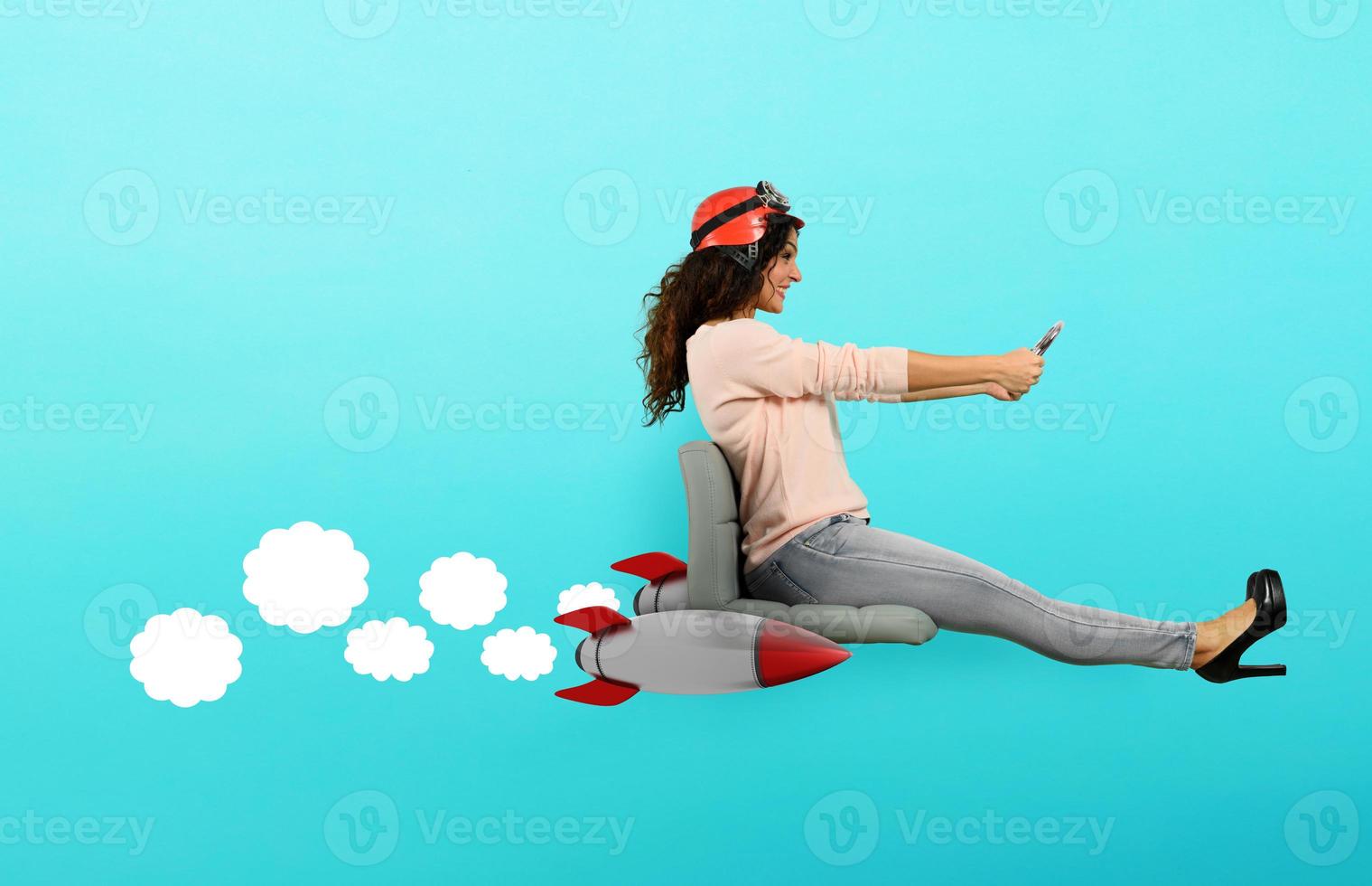 Woman drives fast with rockets under the chair. concept of having the turbo photo