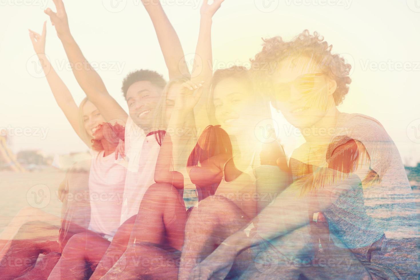 Group of happy friends having fun at ocean beach. double exposure photo