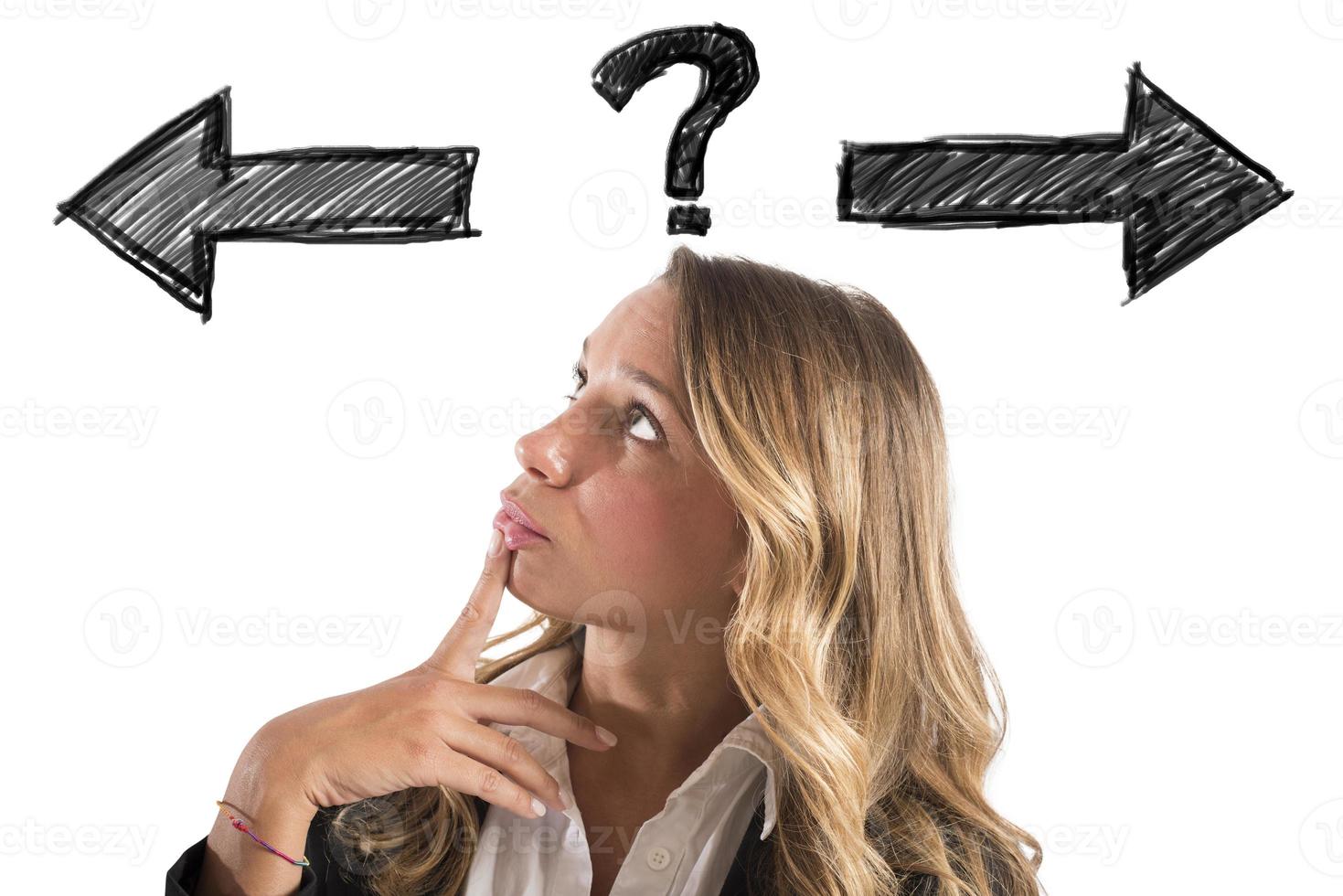 Confused businesswoman must choose the right way photo