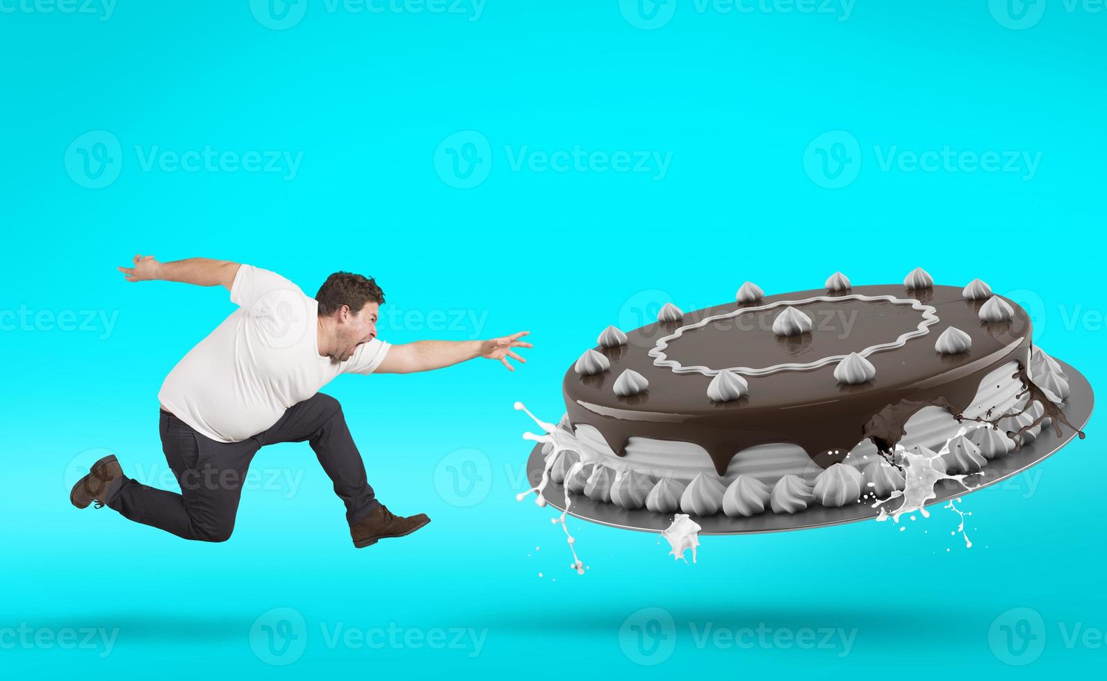 Fat man runs fast to eat a big cake photo