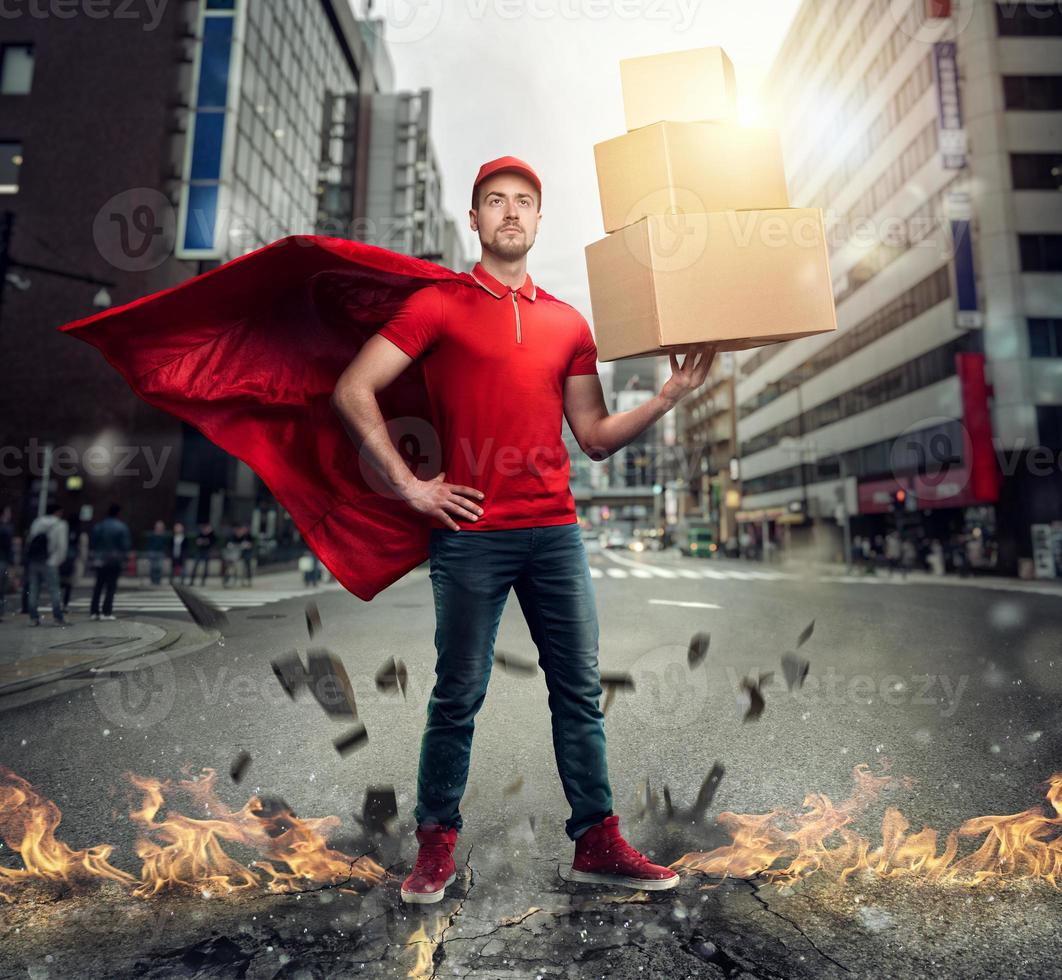 Courier acts like a powerful superhero in a city with skyscrapers. Concept of success and guarantee on shipment photo