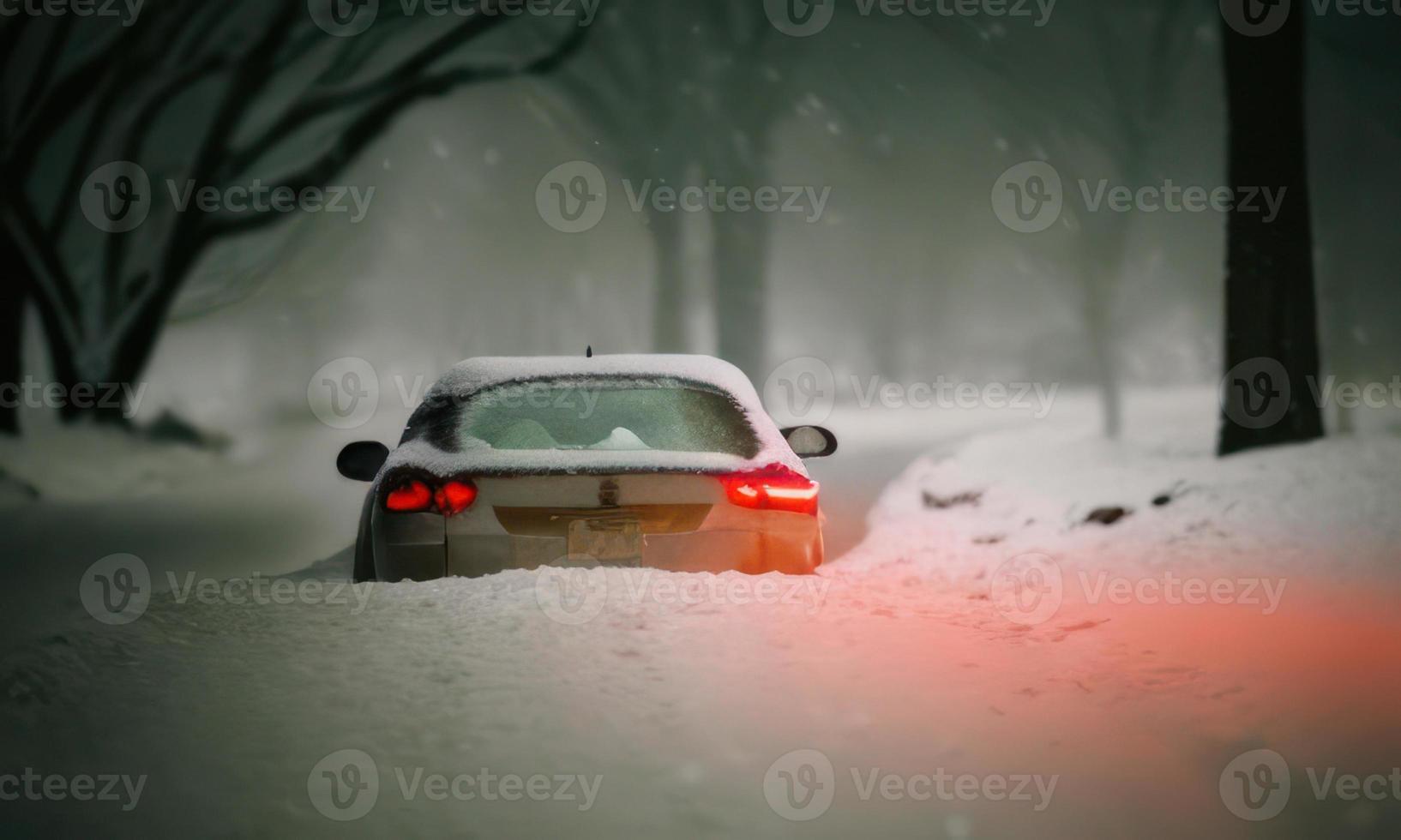 red car stuck in snow photo