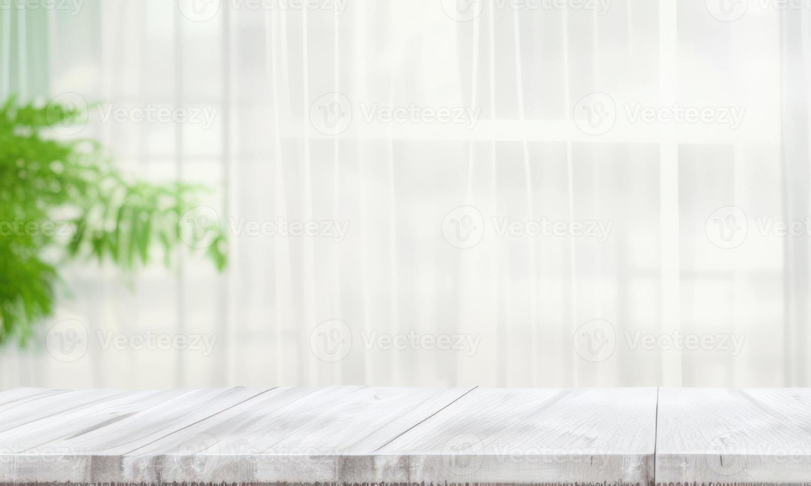 wooden table top on blurred background of half curtained window photo