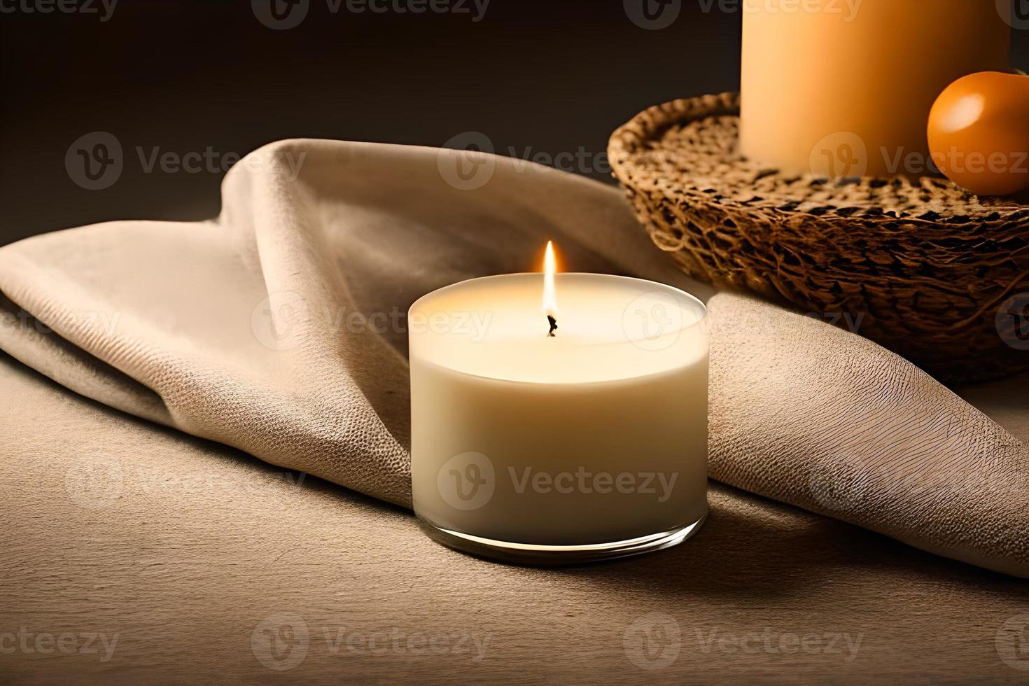 A captivating close up of a white candle capture the essence of relaxation, peace, elegance and grace for wedding, invitations, spiritual or religious project, including home decor, or any occasion. photo