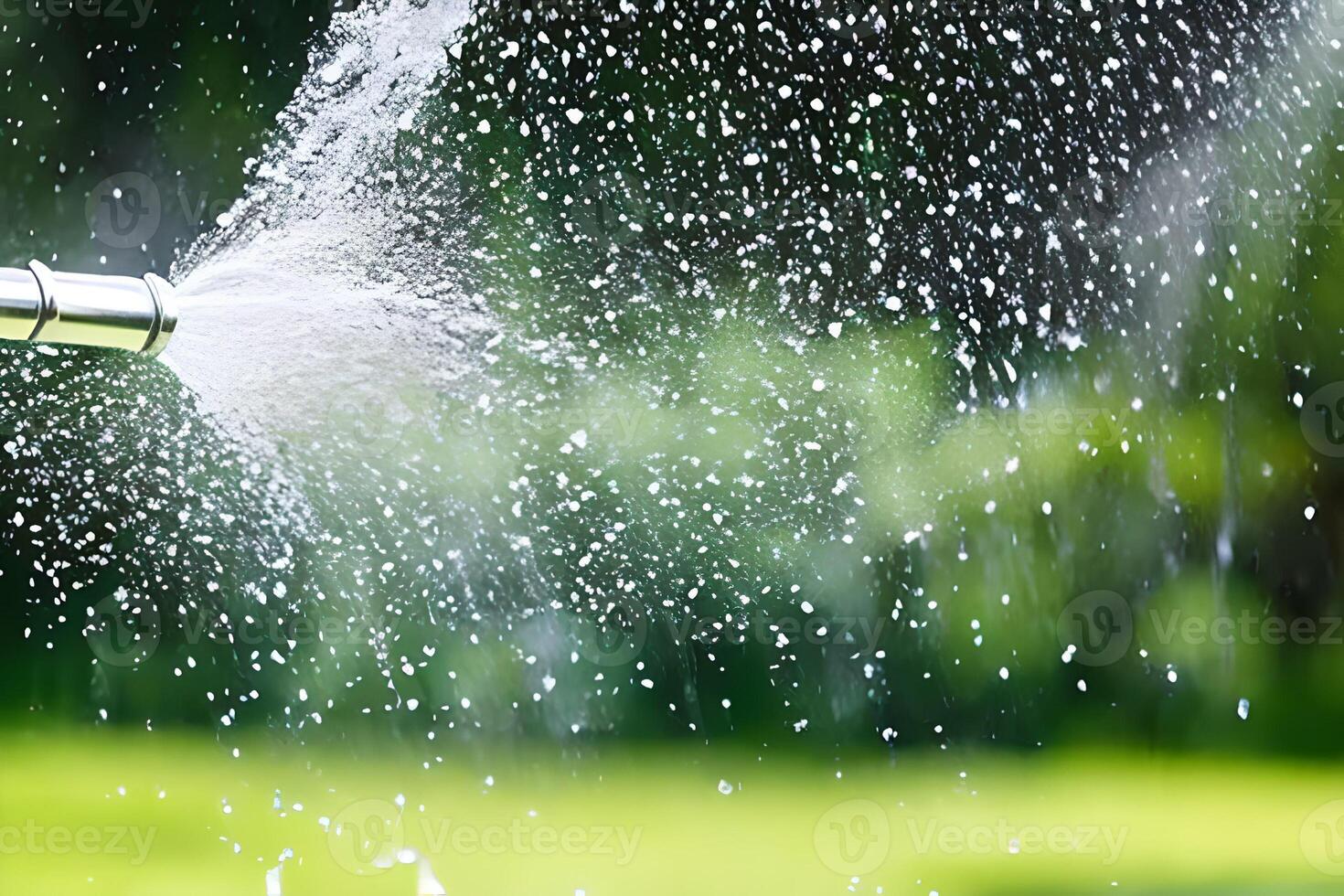Hose pipe and running water at the garden outside. Splashing and spraying water from the hose. photo