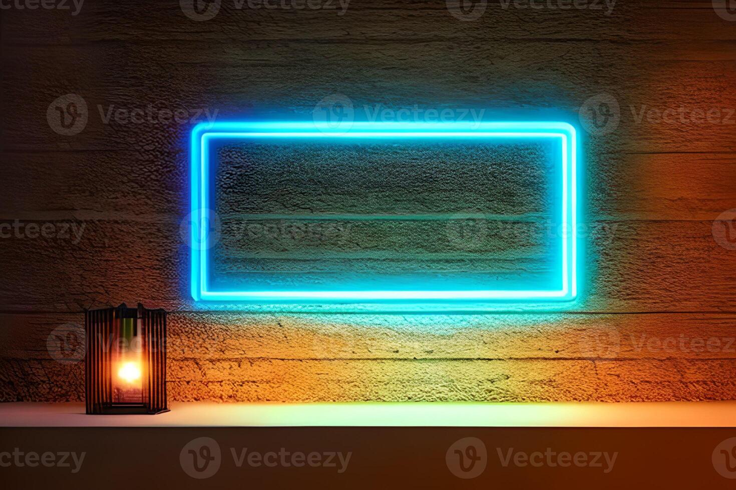 Bright blue rectangle neon at the wall backdrop and wood background. photo