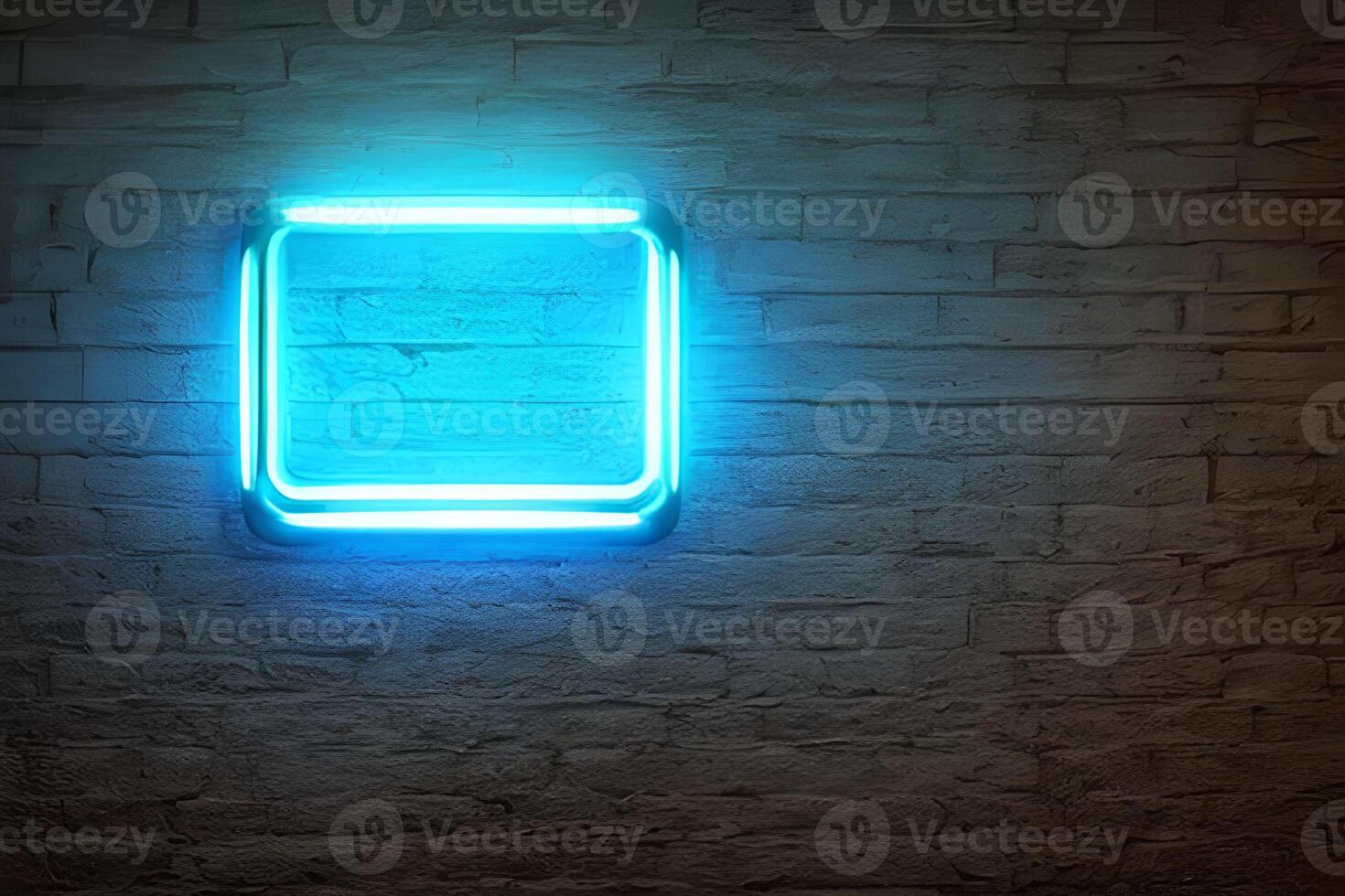 Bright blue rectangle neon at the wall backdrop and brick background. photo