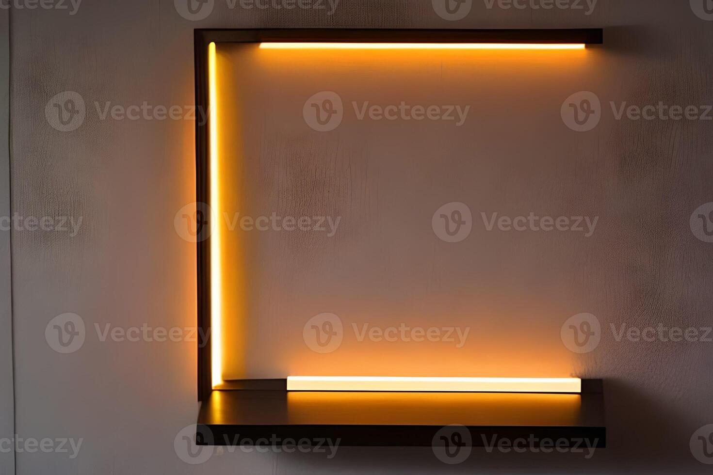 Bright yellow rectangle neon frame at the wall backdrop and background. photo
