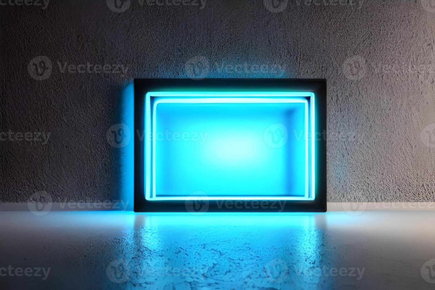 Bright blue rectangle standing neon light backdrop and background. photo