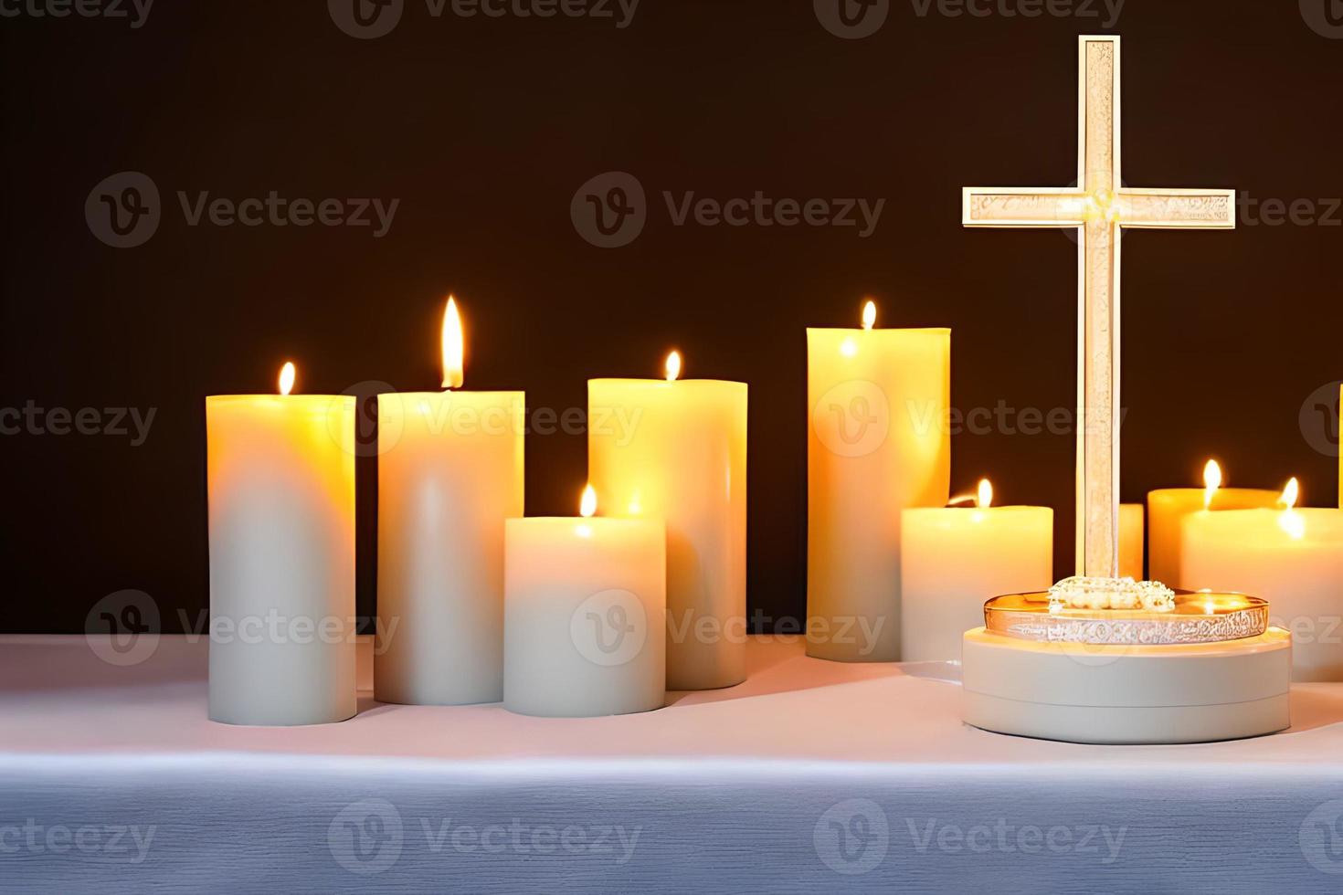 A captivating close up of a white candle and a cross capture the essence of relaxation, peace, elegance and grace for wedding, invitations, spiritual or religious project, and including home decor. photo