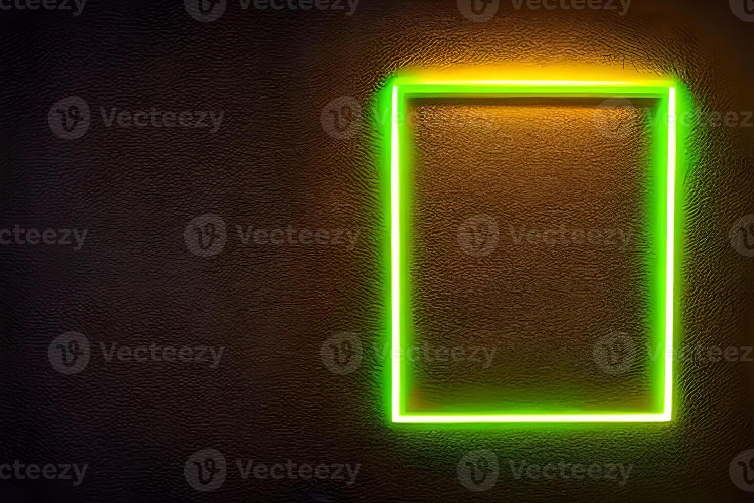 Bright green rectangle neon at the wall backdrop and wood background. photo