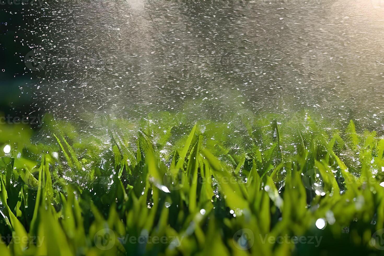 Water splash spray at the grass or garden field could be from hose or garden sprinkler. Watering the plant. photo