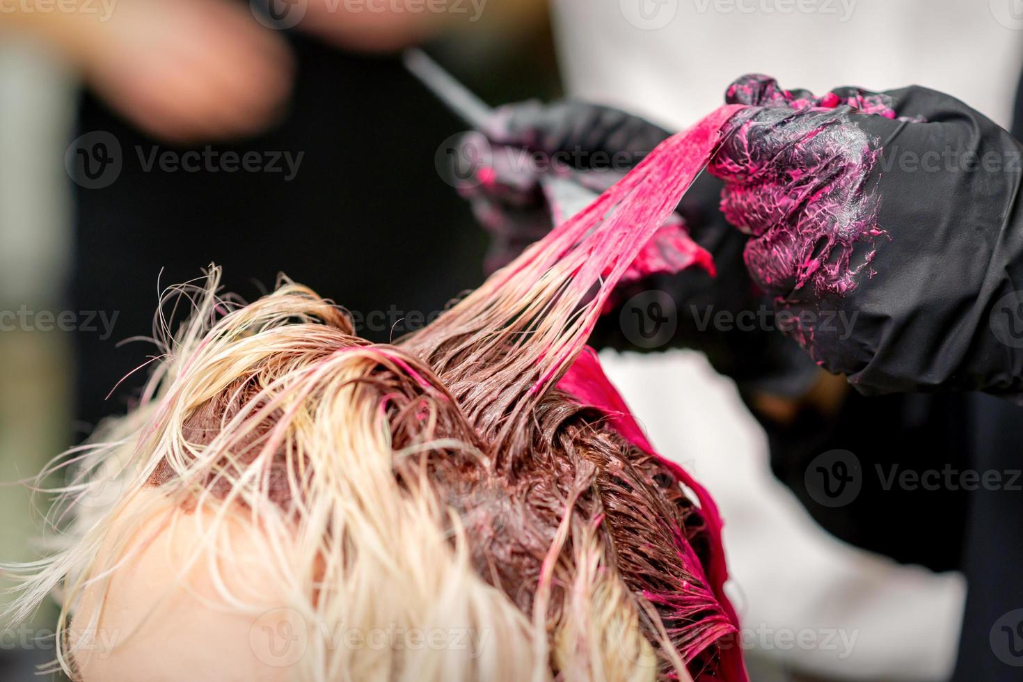 Hair stylist dying hair of woman with pink dye photo