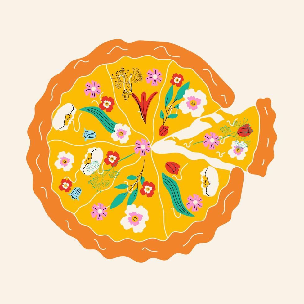 Pizza with different flowers. Spring pizza. Hand drawn vector illustration.