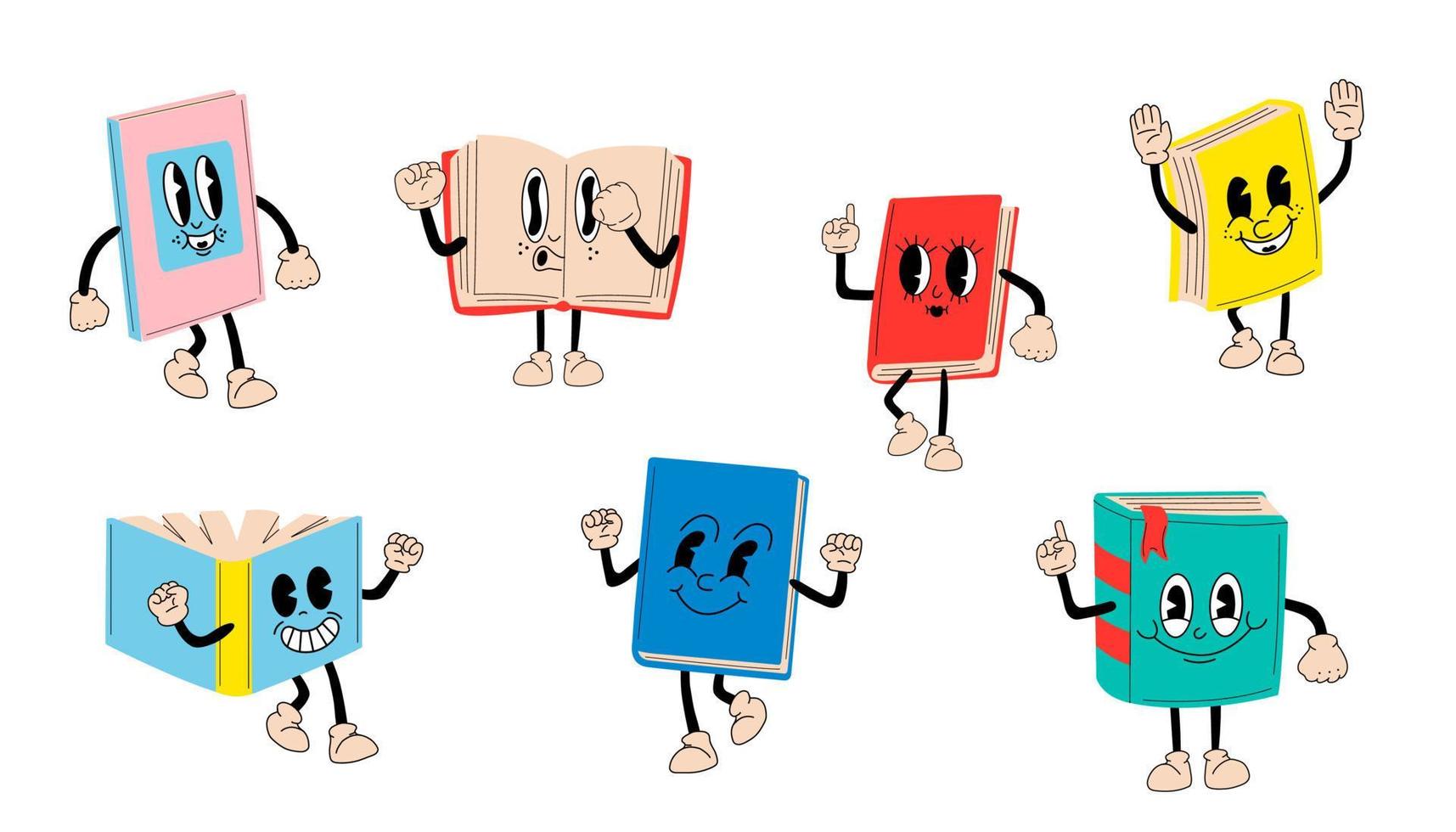 grande conjunto libros 30s dibujos animados mascota personaje 40 años, años 50, 60s antiguo animación estilo. vector