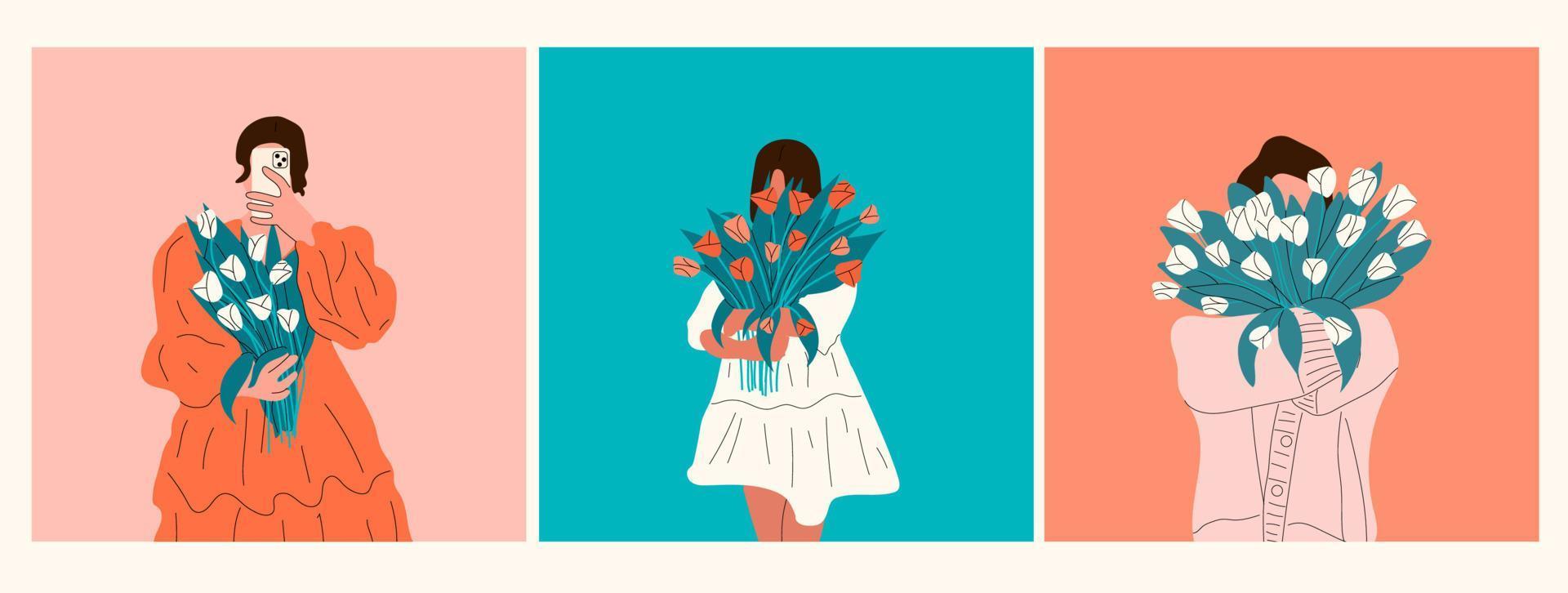 Set of three women is holding a bouquet of tulips. Femininity, feminism, prosperity and self love concept. vector