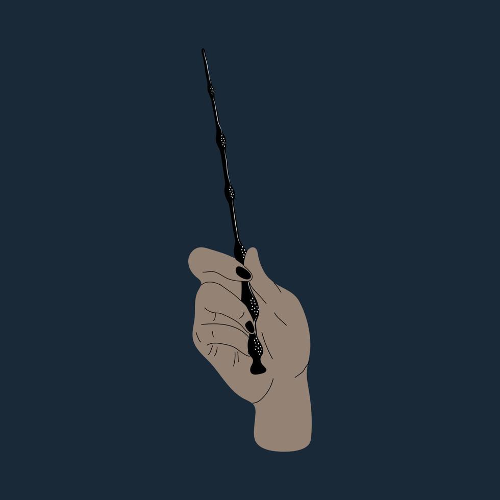 A hand wields a magic wand. Vector in cartoon style.