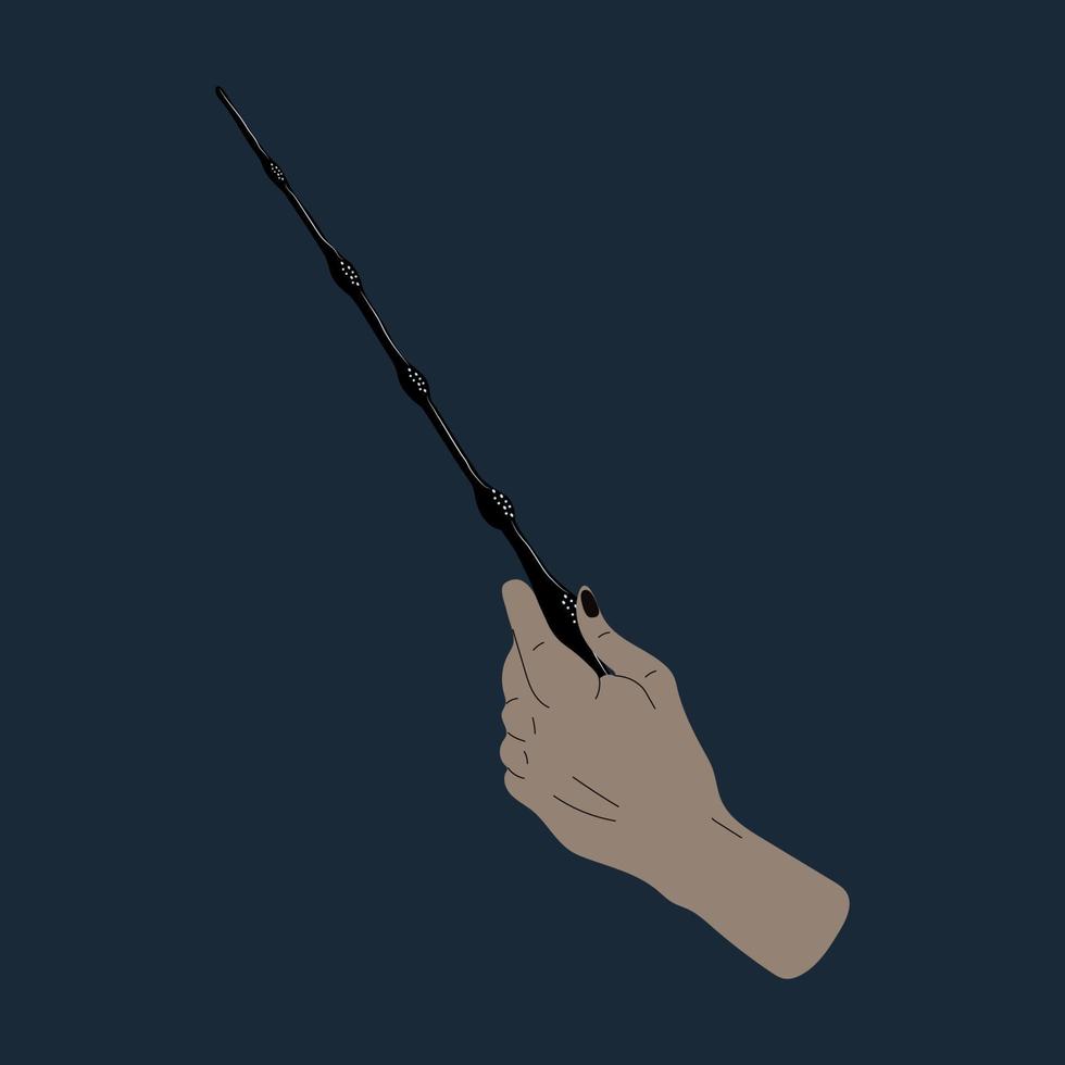 A hand wields a magic wand. Vector in cartoon style.